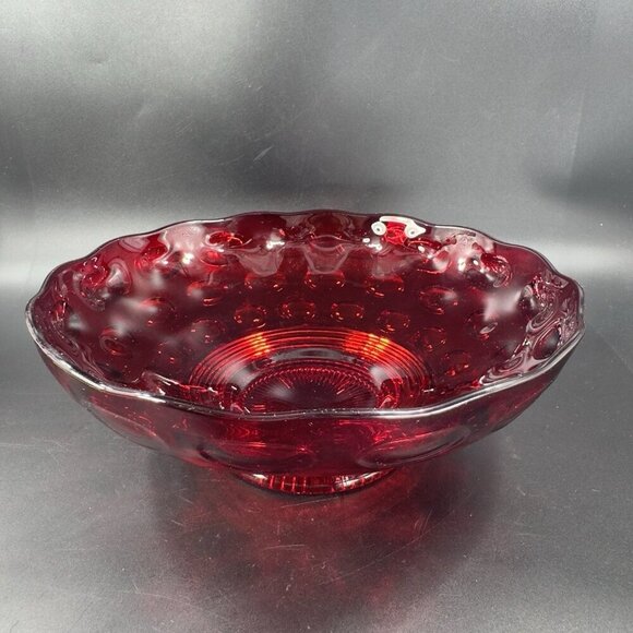 Imperial Glass Old English Ruby Bowl Dot Groove Design Footed Scalloped Rim Bowl - Picture 10 of 16